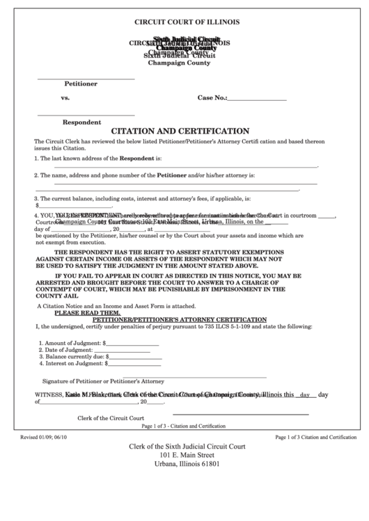 Fillable Citation And Certification - Illinois Circuit Court Printable pdf
