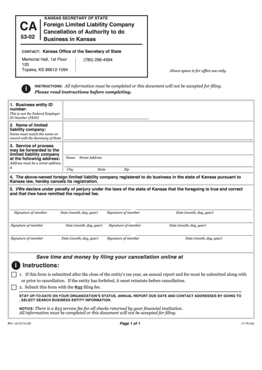 Form Ca 53-02 - Foreign Limited Liability Company Cancellation Of ...