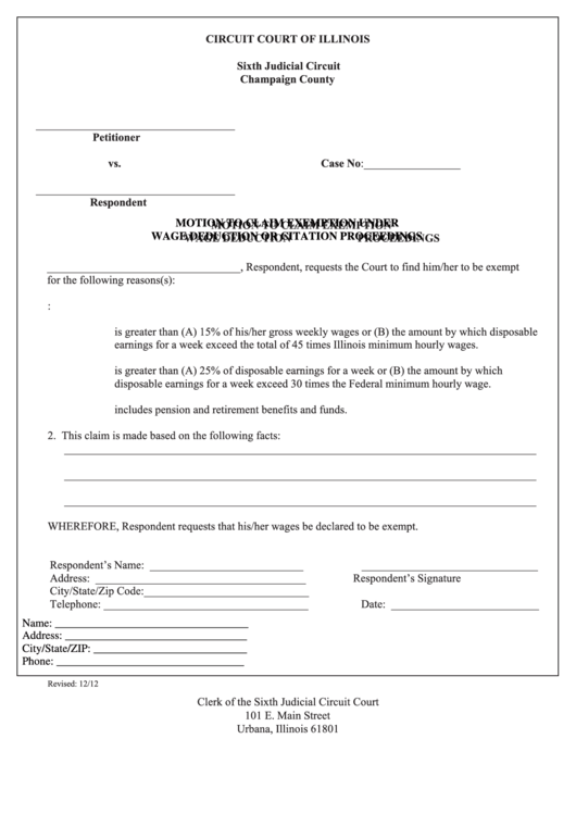 Fillable Motion To Claim Exemption Under Wage Deduction Form - Circuit Court Of Illinois Printable pdf