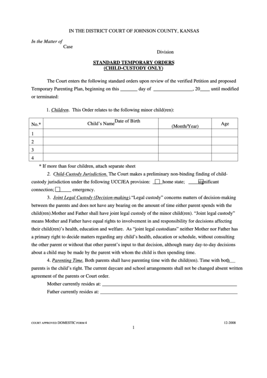 Fillable Standard Temporary Child Custody & Parenting Time Order Form - Court Of Johnson County, Kansas Printable pdf