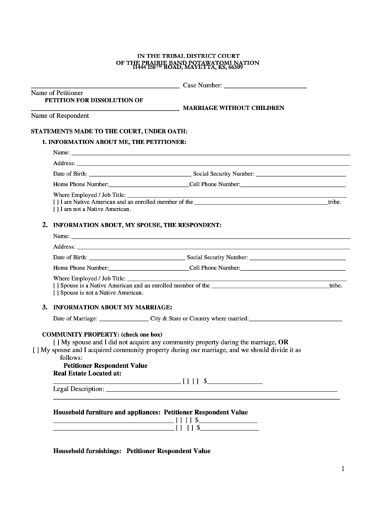 Petition For Dissolution Marriage Without Children Form - Kansas District Court Printable pdf