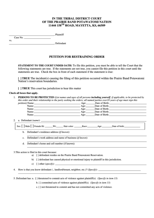 Petition For Restraining Order Form - Kansas District Printable pdf