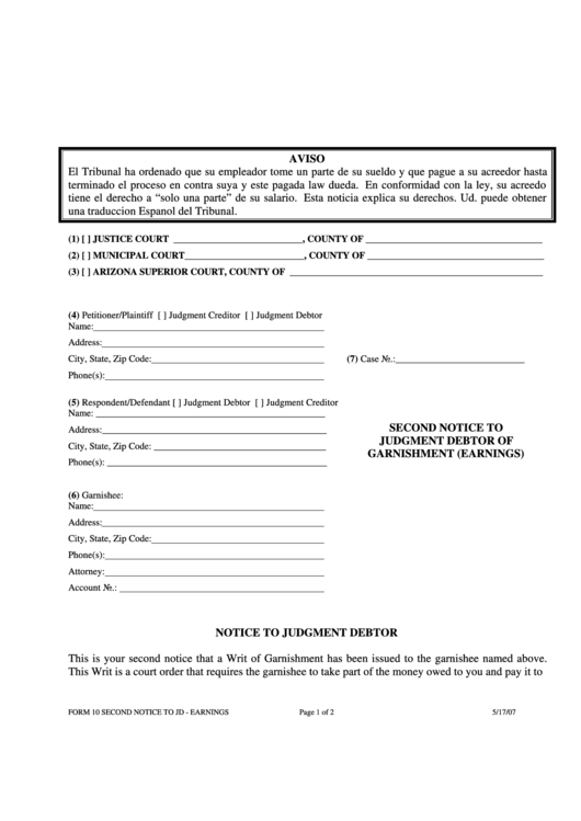 Form 10 - Second Notice To Judgment Debtor Of Garnishment (Earnings) Printable pdf