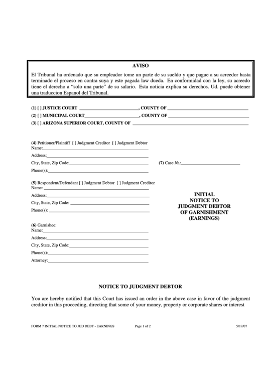 Form 7 - Initial Notice To Judgment Debtor Of Garnishment (Earnings) Printable pdf
