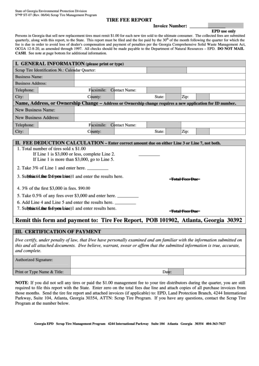Form Stmp St-07 - Tire Fee Report Printable pdf