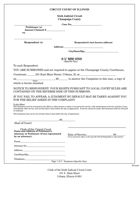 Fillable Summons Form - Circuit Court Of Illinois Printable pdf