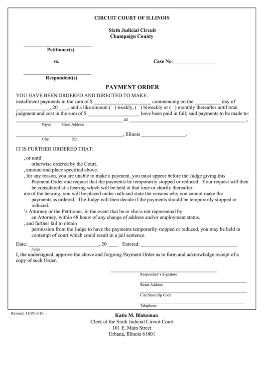 Fillable Payment Order Form - Circuit Court Of Illinois Printable pdf