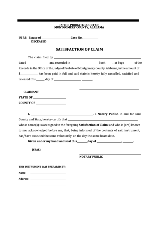Fillable Satisfaction Of Claim Form - Probate Court Of Montgomery County, Alabama Printable pdf