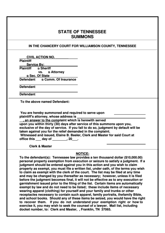 Summons - Chancery Court, Williamson County, State Of Tennessee Printable pdf