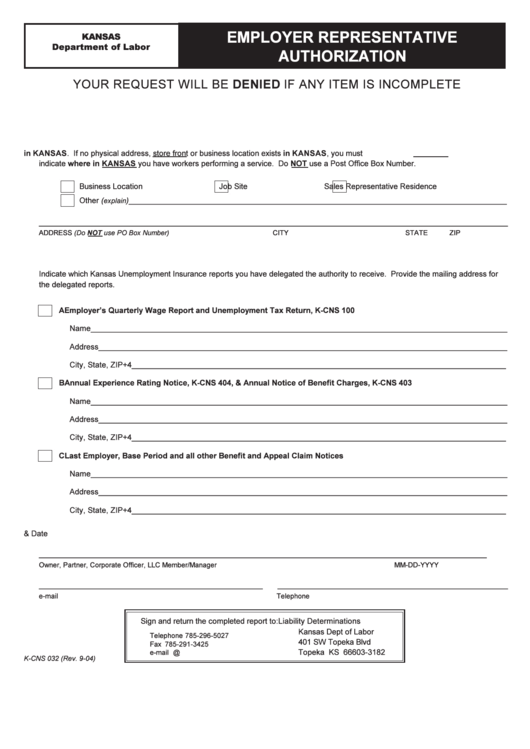 Fillable Form K-Cns 032 - Employer Representative Authorization Printable pdf