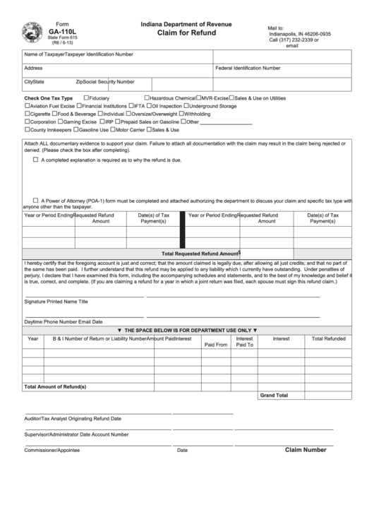 Fillable Form Ga-110l - Claim For Refund Printable pdf