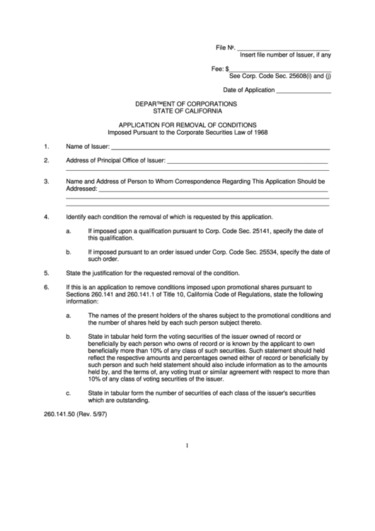 Application Form For Removal Of Conditions - California Department Of Corporations Printable pdf