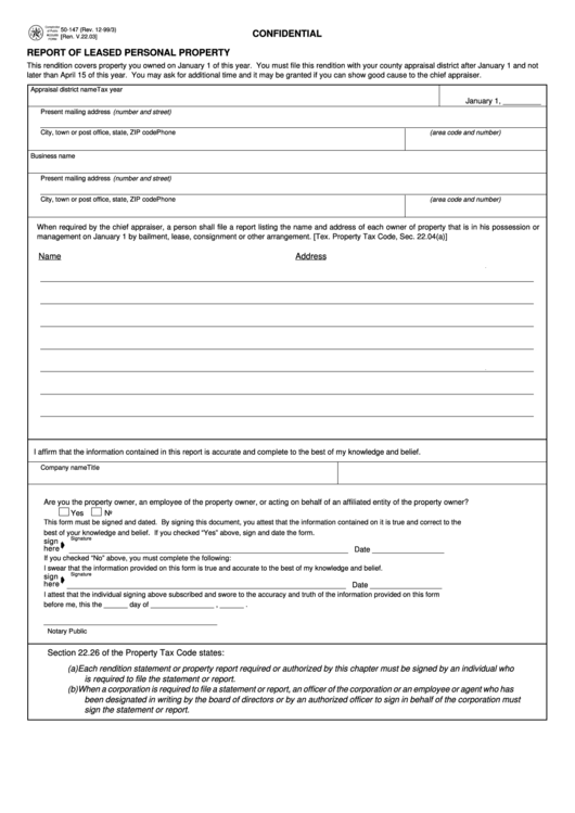 Fillable Form 50-147 - Report Of Leased Personal Property Printable pdf