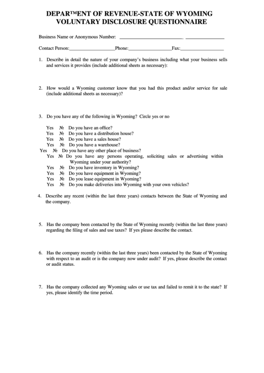 Voluntary Disclosure Questionnaire - Wyoming Department Of Revenue Printable pdf