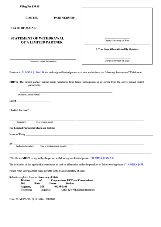 Fillable Statement Form Of Withdrawal Of A Limited Partner Printable pdf