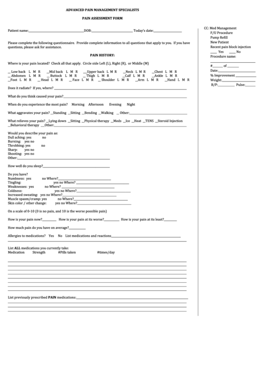 Pain Assessment Form - Pain Management Specialists Of Baytown Printable pdf