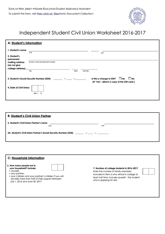 Independent Student Civil Union Worksheet Printable pdf