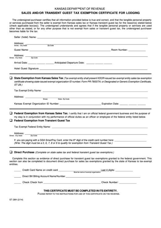Fillable Sales And Or Trasales And/or Transient Guest Tax Exemption Certificate Form For Lodging Printable pdf