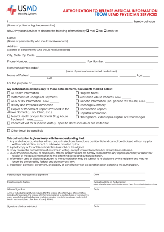 Authorization To Release Medical Information From Usmd Physician Services Printable pdf