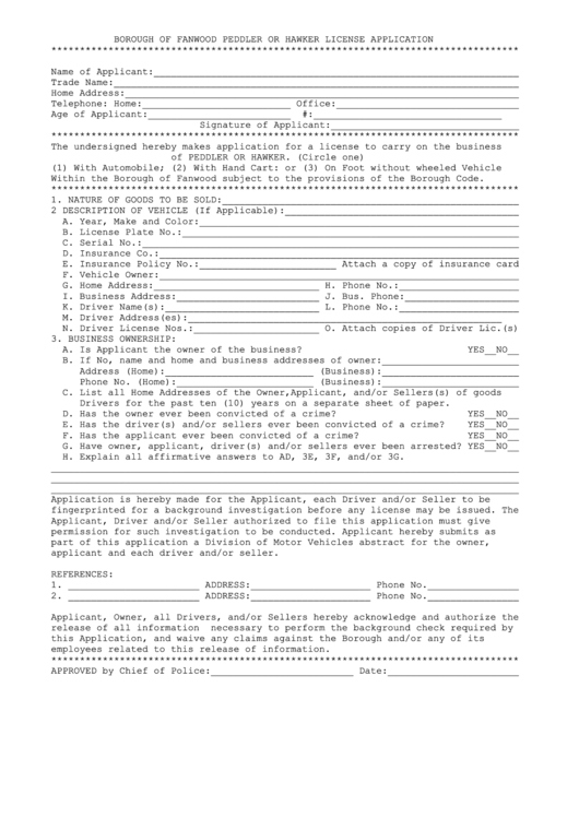 Borough Of Fanwood Peddler Or Hawker License Application Form Printable pdf