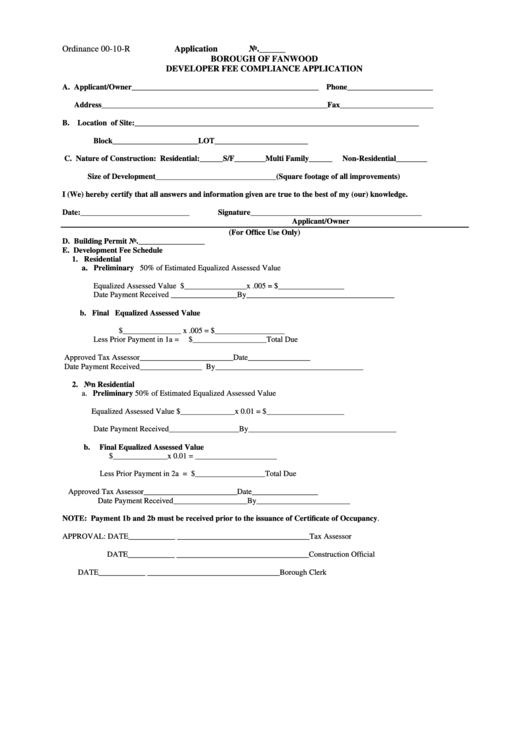 Developer Fee Compliance Application Form - Borough Of Fanwood Printable pdf
