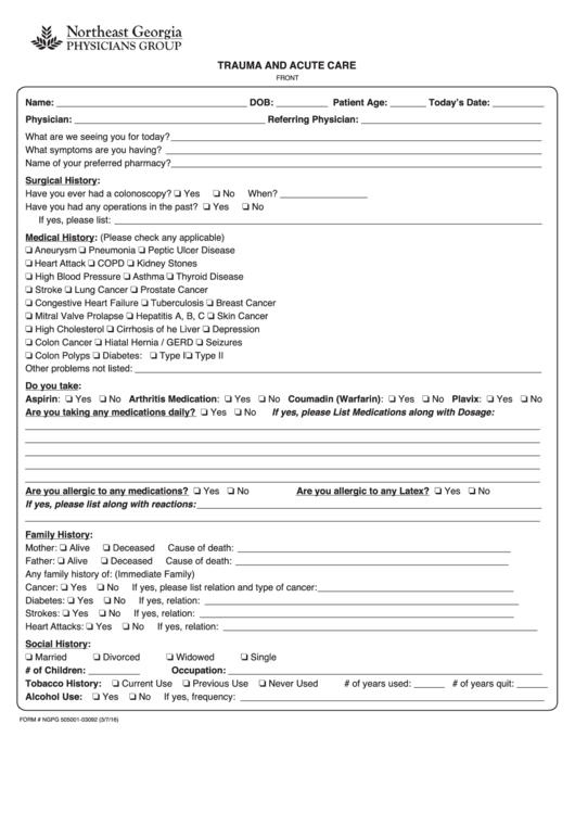 New Patient Information Form - Trauma And Acute Care
