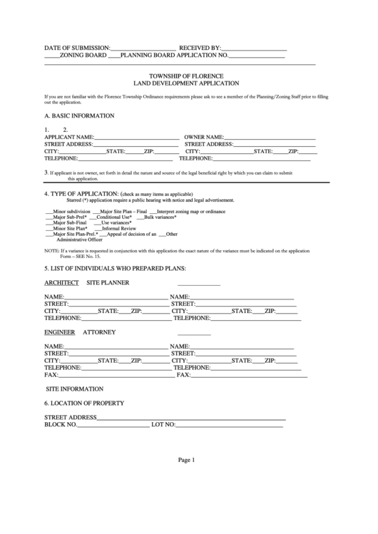 Land Development Application Form - Township Of Florence Printable pdf