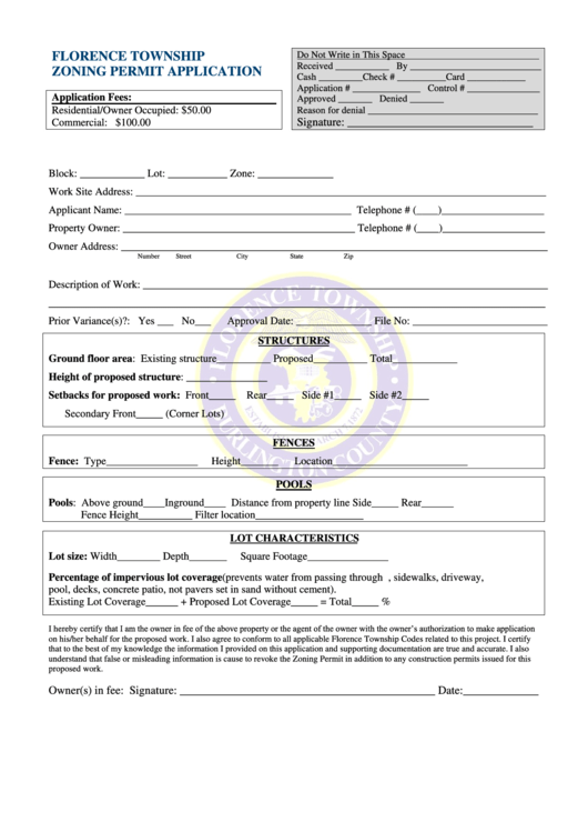 Florence Township Zoning Permit Application Form Printable pdf
