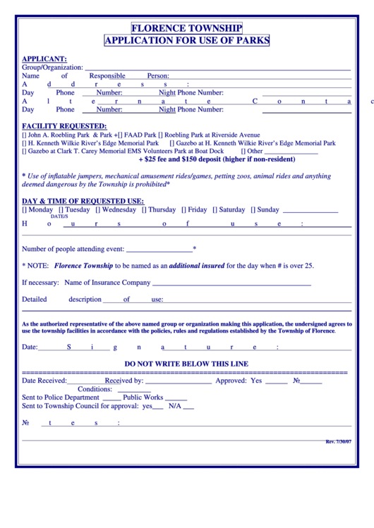 Application For Use Of Parks Form - Florence Township