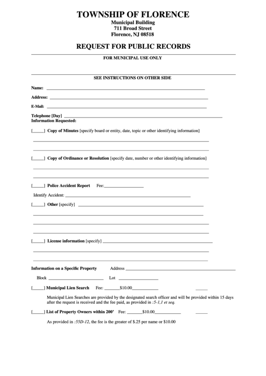 Request For Public Records Form - Township Of Florence Printable pdf