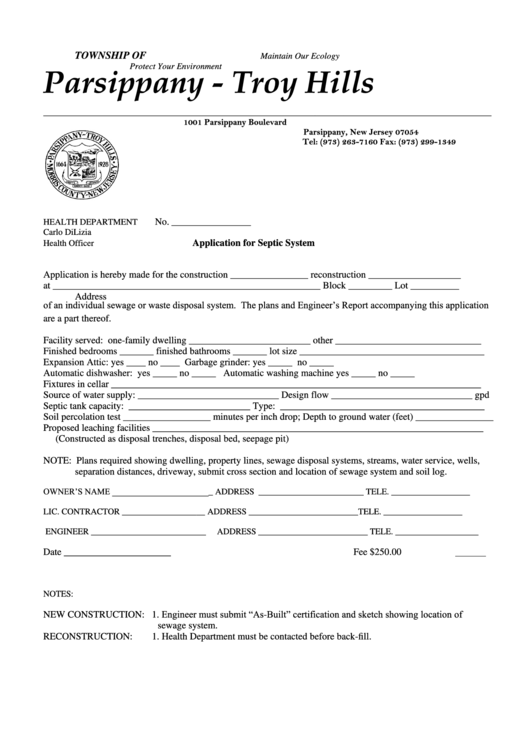 Application For Septic System Form - Health Department, Township Of Parsippany - Troy Hills