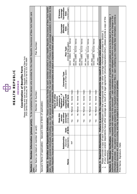 Coordination Of Benefits Form - New York Health Insurance Republic Printable pdf