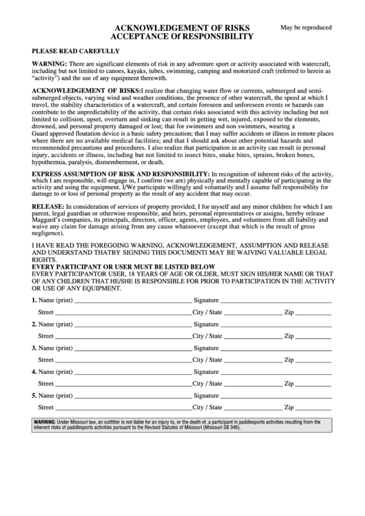 Acknowledgement Of Risks Acceptance Of Responsibility Form Printable pdf