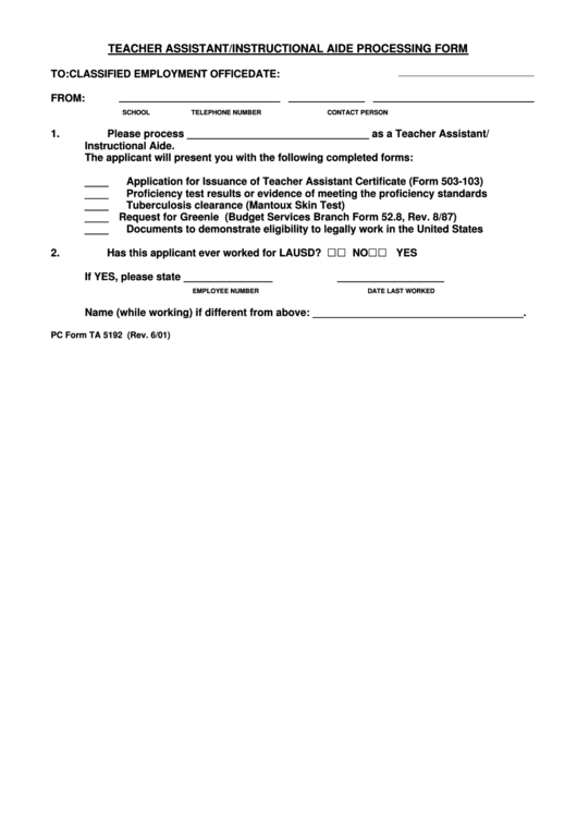 Pc Form Ta 5192 - Teacher Assistant/instructional Aide Processing Form - Los Angeles Unified School District Printable pdf
