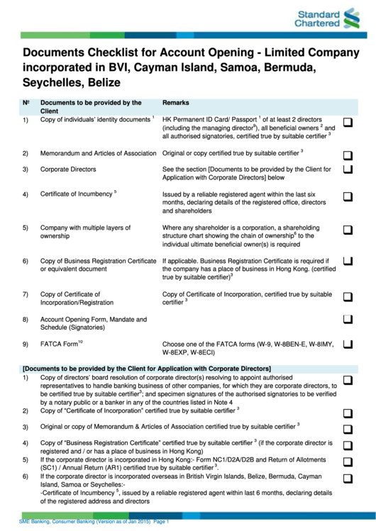 Documents Checklist Template For Account Opening - Limited Company Incorporated In Bvi, Cayman Island, Samoa, Bermuda, Seychelles, Belize Printable pdf