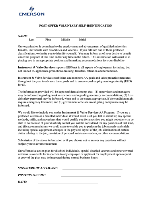 Post-Offer Voluntary Self-Identification Form Printable pdf
