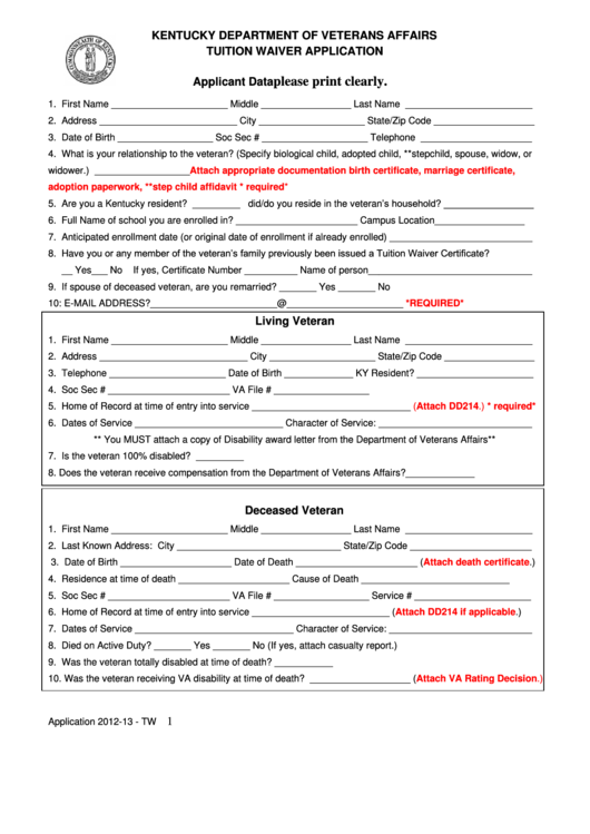 Tuition Waiver Application Form - Kentucky Department Of Veterans Affairs Printable pdf