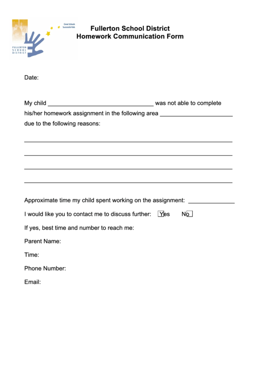 Fullerton School District Homework Communication Form
