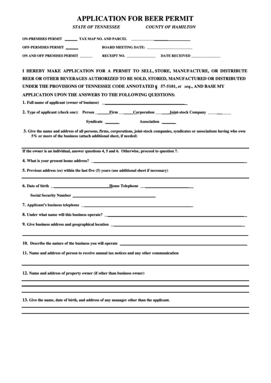 Application For Beer Permit Form - County Of Hamilton, Tennessee Printable pdf