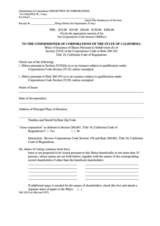 Notice Of Issuance Of Shares Form - California Commissioner Of Corporations Printable pdf