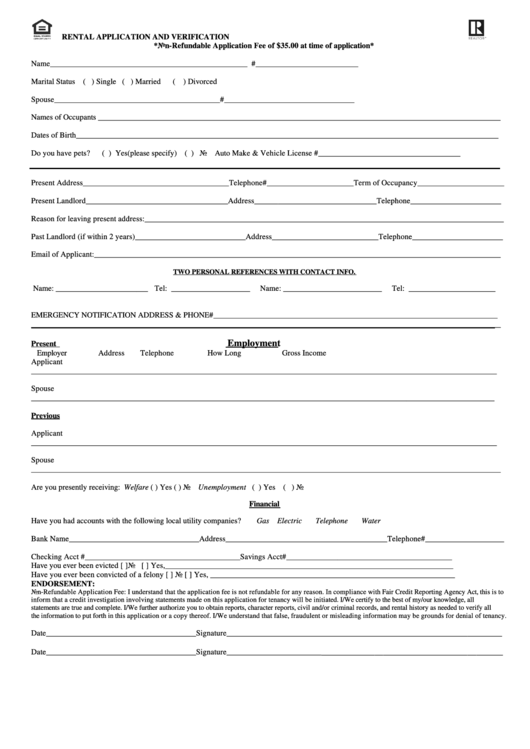 Fillable Rental Application And Verification Form Printable pdf