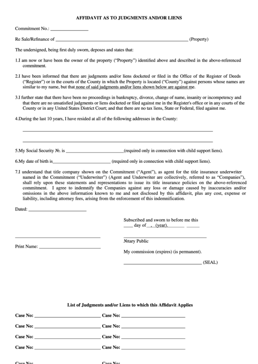 Affidavit As To Judgments And/or Liens Form Printable pdf
