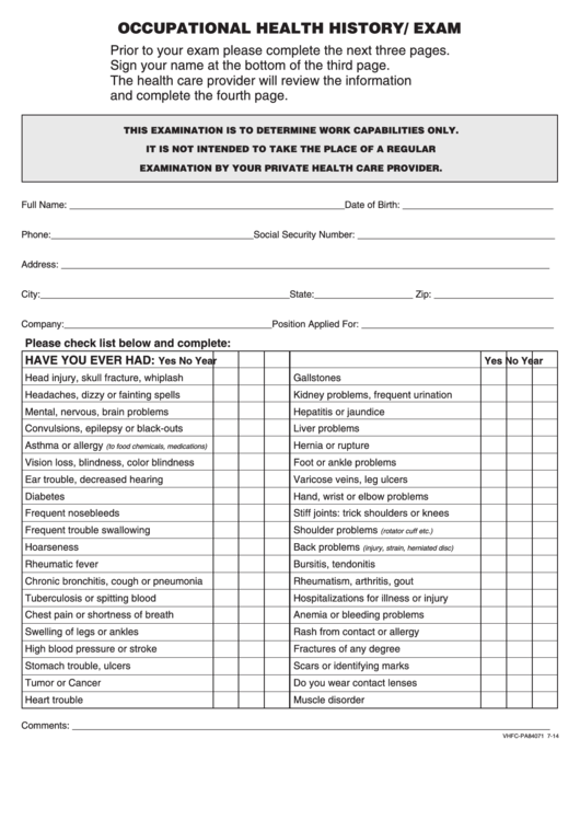 Occupational Health History/exam Form Printable pdf