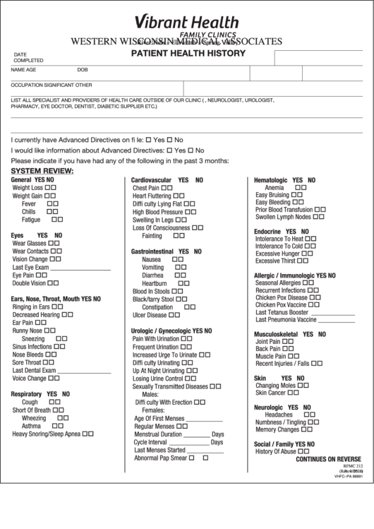 Form Rfmc 212 - Patient Health History Form Printable pdf