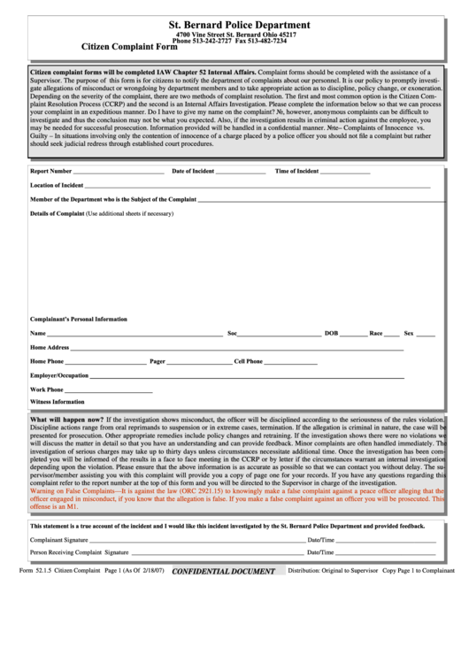 Form 52.1.5 - Citizen Complaint Form Printable pdf