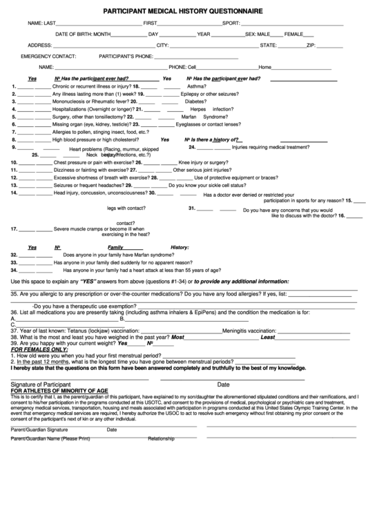 Participant Medical History Questionnaire Form Printable pdf