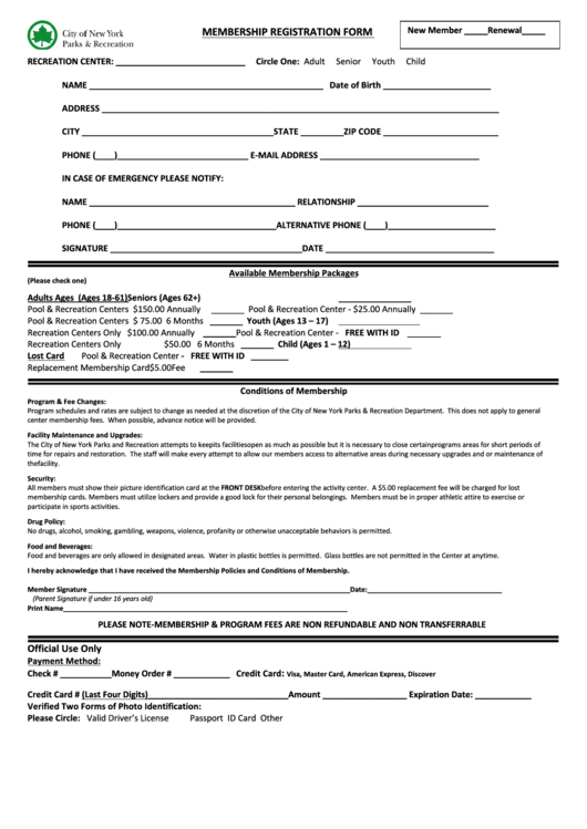 Membership Registration Form - City Of New York Department Of Parks & Recreation Printable pdf