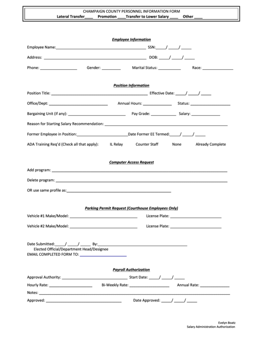 Fillable Champaign County Personnel Information Form Printable pdf