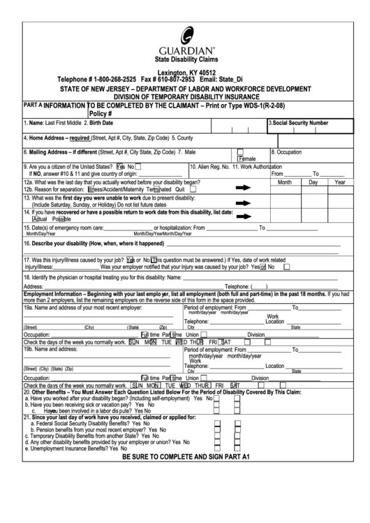 Disability Claim Form - State Of New Jersey Department Of Labor And