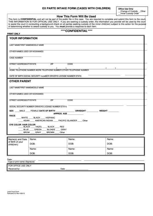 Ex Parte Intake Form (Cases With Children) Printable pdf